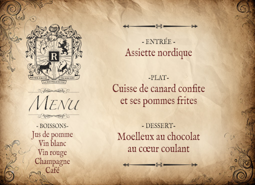 Menu français avec entrée, plat, dessert et boissons